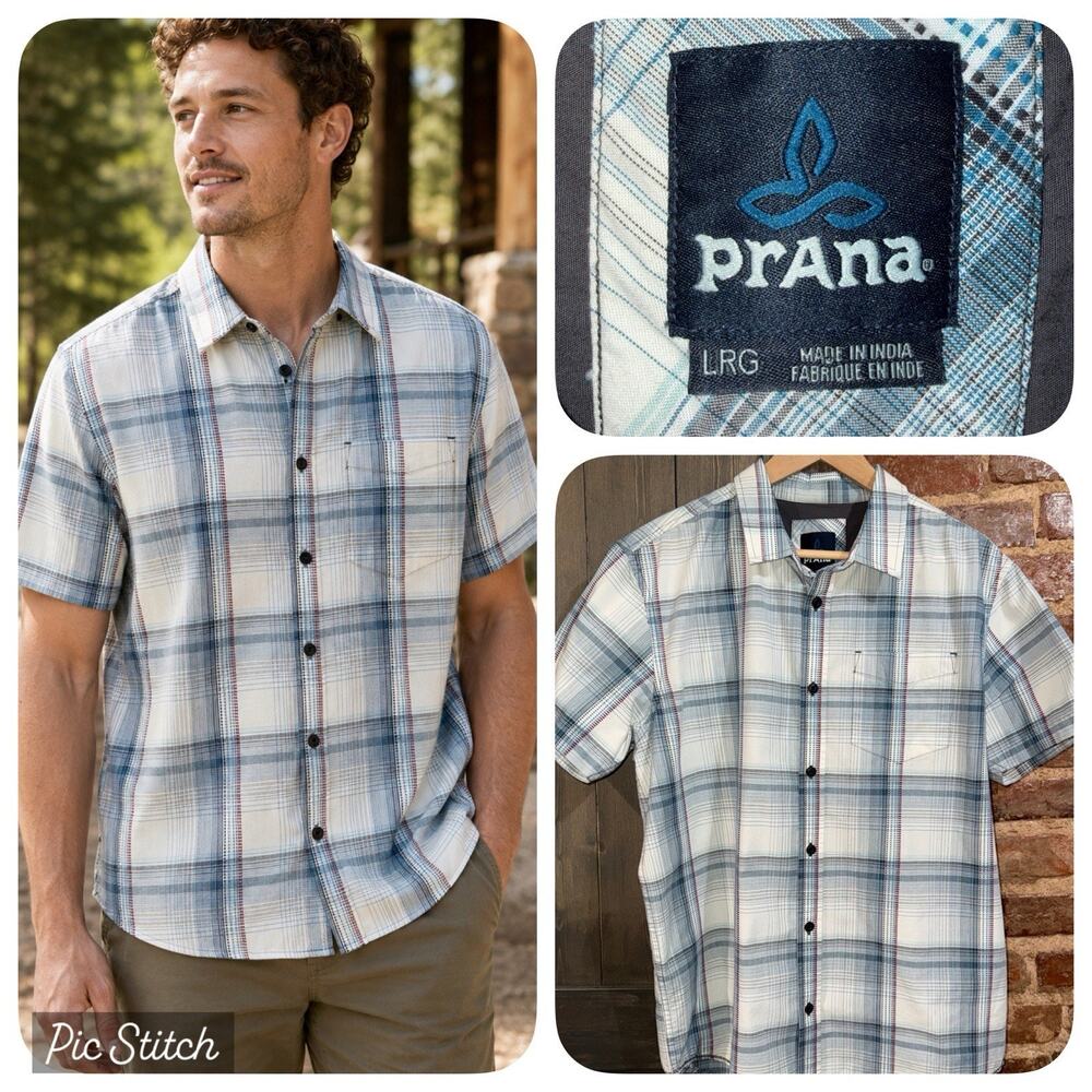 prAna Rennin Shirt Mens L Nautical Plaid Organic Cotton Button Up Camping EUC